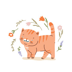 Cute cartoon ginger cat surrounded by flowers on white background, flat vector illustration