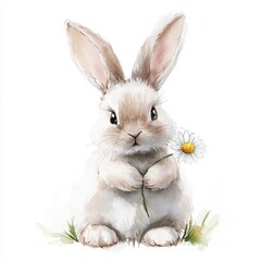 Obraz premium Fluffy Easter bunny holding a daisy in a delicate watercolor style