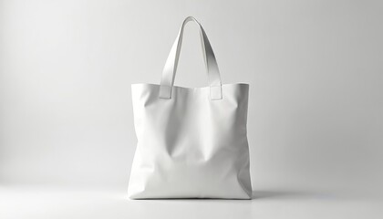Clean white tote bag mockup stands on light background. Blank shopping bag for brand design presentation. Eco reusable canvas carrier with handles. Mock up clear bag for print template.