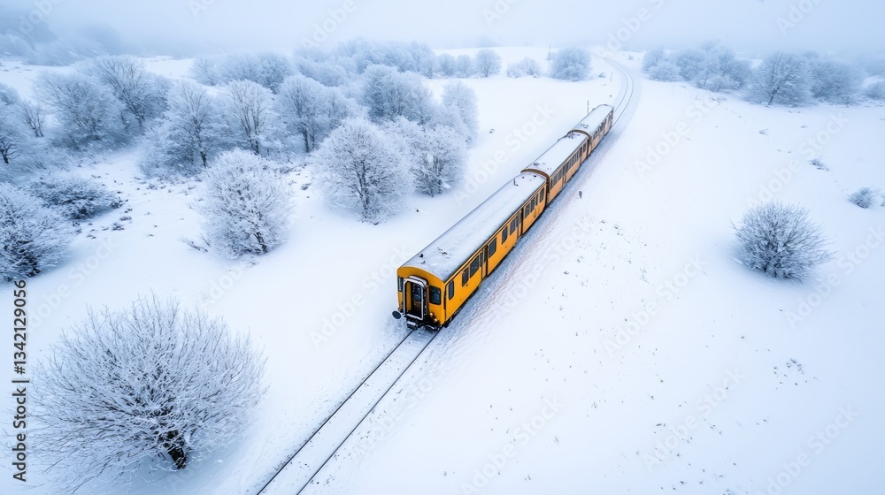 Poster train is traveling through a snowy landscape. the train is yellow and is on a track. the snow is whi