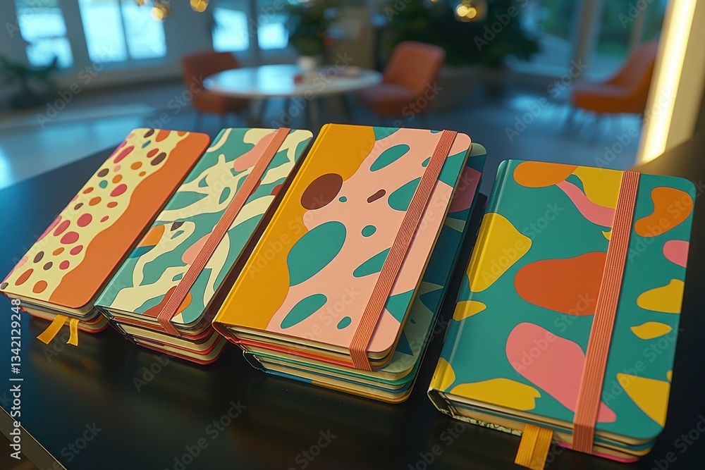 Aufkleber a group of colorful notebooks with abstract designs and elastic bands sit on a sleek table, in a mod