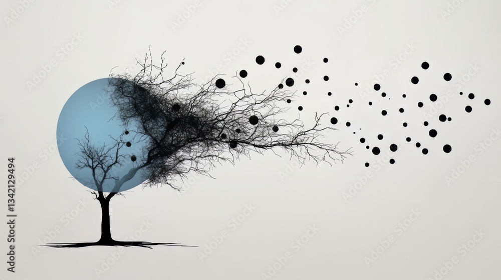Leinwandbilder tree is blowing in the wind and the sky is blue. the tree is surrounded by many small white and blac