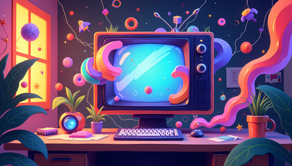 Surreal 3D TV in dreamy office space, artistic imagination