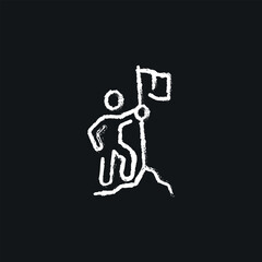 Man with Flag. Top of the mountain chalk icon. Vector isolated black illustration.