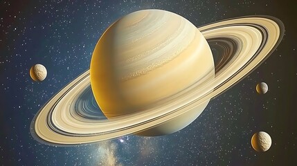 A Celestial Scene Showing A Ringed Planet And Moons
