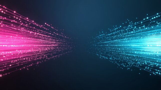 Two bright pink and blue lines of light with a blue background. The pink and blue lines are moving in opposite directions