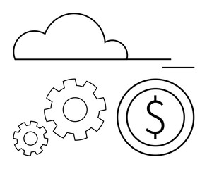 Cloud linked to two gear mechanisms alongside a dollar sign currency. Ideal for technology, innovation, finance, economy, process optimization, cost efficiency, flat simple metaphor