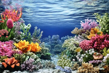 Vibrant underwater scene with colorful coral reef and diverse marine flora