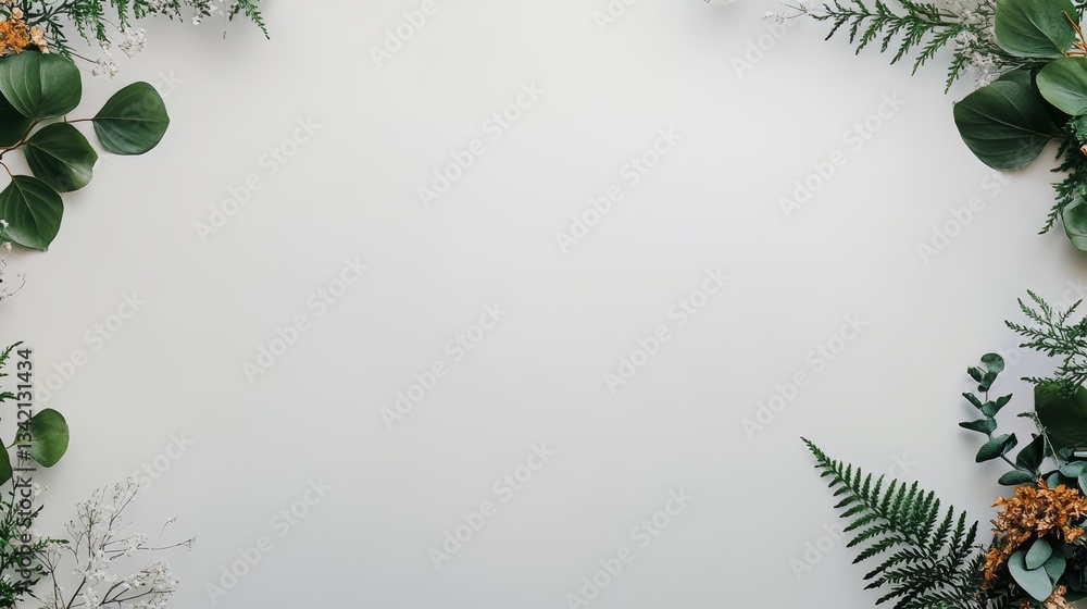 Poster White background with a green leafy border. The border is made up of various types of leaves, including ferns and other foliage