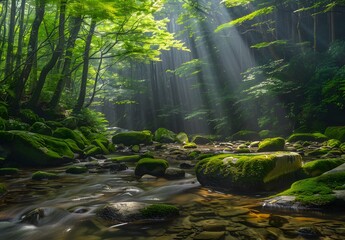 Obraz premium Sunlight Through Green Forest Trees Over Stream with Mossy Rocks