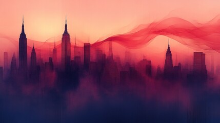 Naklejka premium Manhattan Skyline at Dusk, Veiled in Crimson