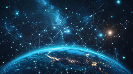 Obraz premium A digital illustration of earth surrounded by network connections in a starry background. Earthbound Network. Illustration