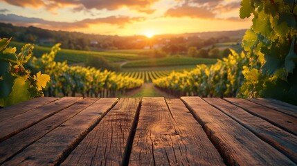 Coussins décoratifs Empty table overlooking vineyard at sunset, tuscany, italy