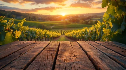 Papier peint photo intissé Empty table overlooking vineyard at sunset, tuscany, italy