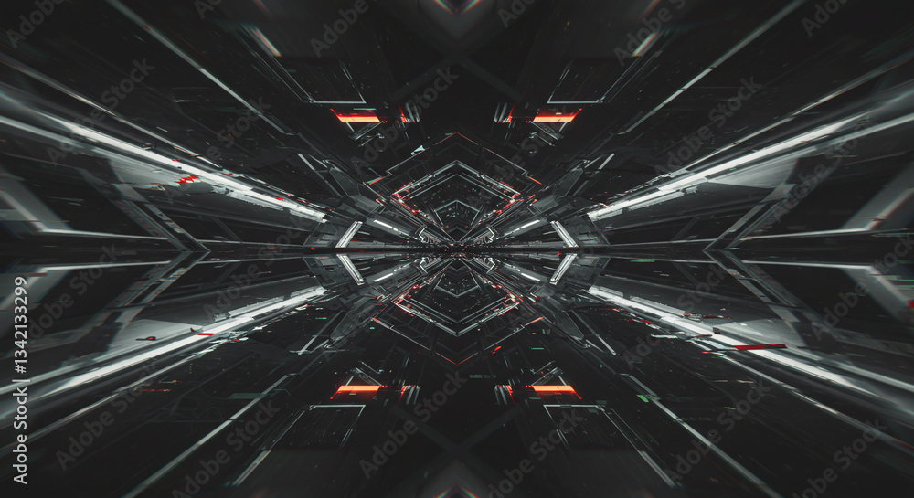 Poster futuristic tunnel: a symmetrical, modern tunnel with geometric patterns, showcasing an environment o