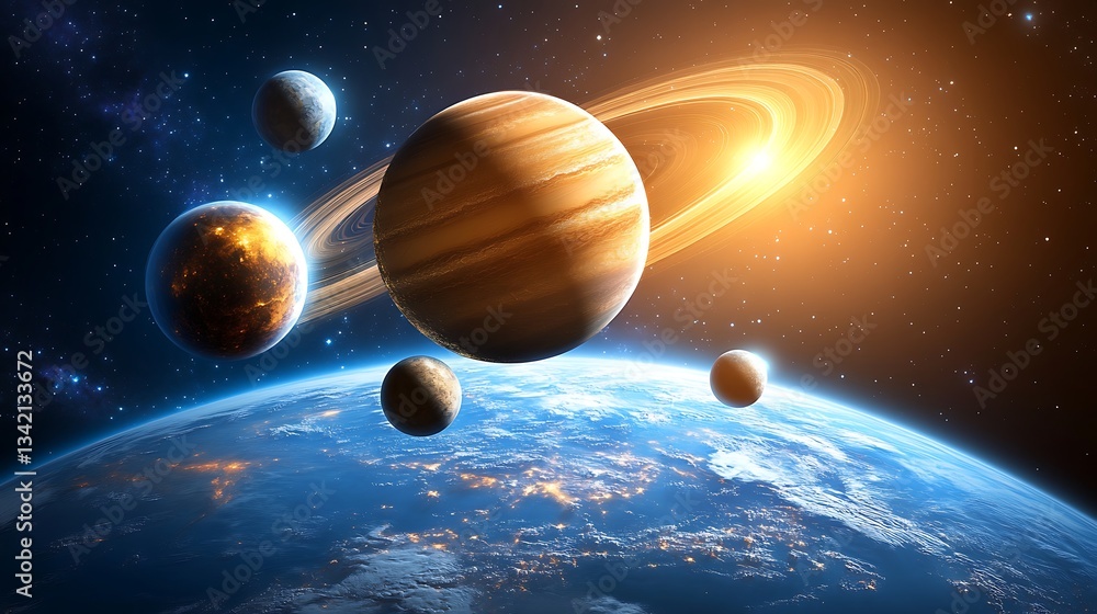 Poster a vibrant and colorful image showing multiple planets in space