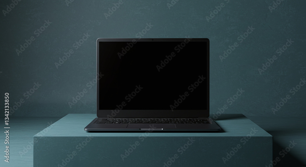 Poster sleek laptop: minimalist tech setup featuring a modern laptop with a blank screen. perfect for mocku