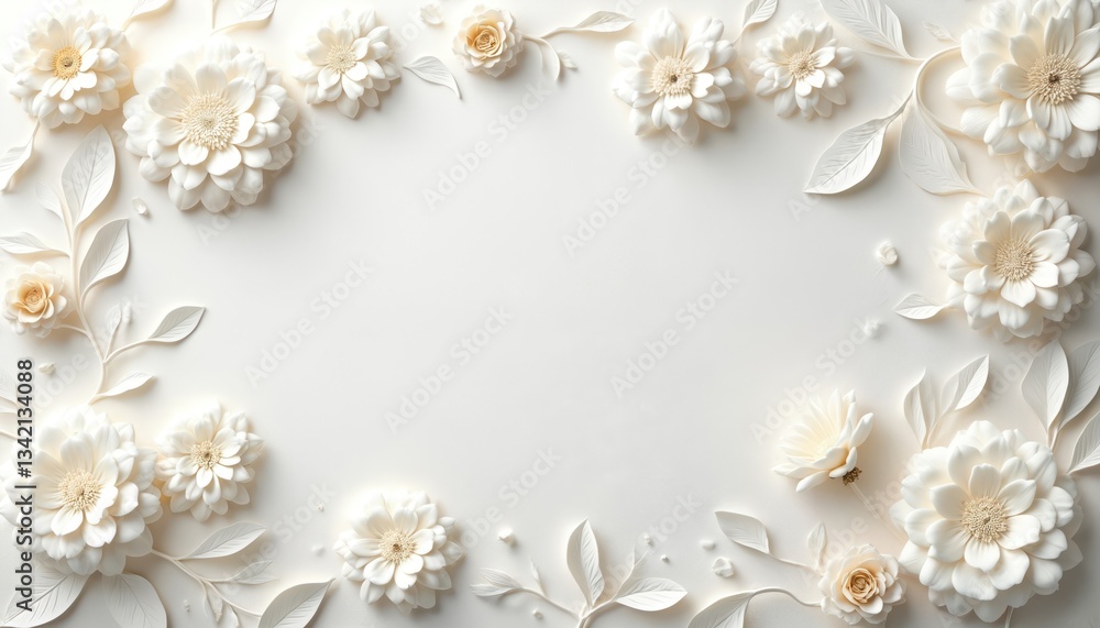 Poster White paper background with embossed flower frame. Textured floral pattern combines elegance with simplicity. Modern style, delicate design, ample copy space for customization, great sophisticated