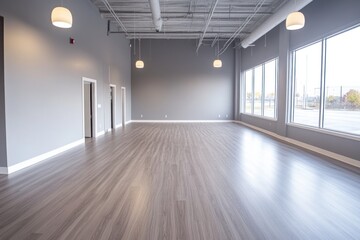 Fototapeta premium Spacious empty room with hardwood floors and large windows.