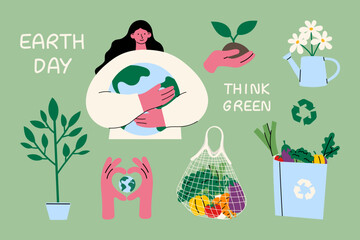 Earth Day sticker set &ndash; A collection of eco-friendly illustrations promoting sustainability, recycling, green living, and environmental awareness.