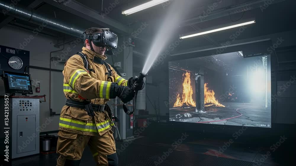 Poster fireman training with virtual reality simulator video footage. man using vr glasses and firehose. fi
