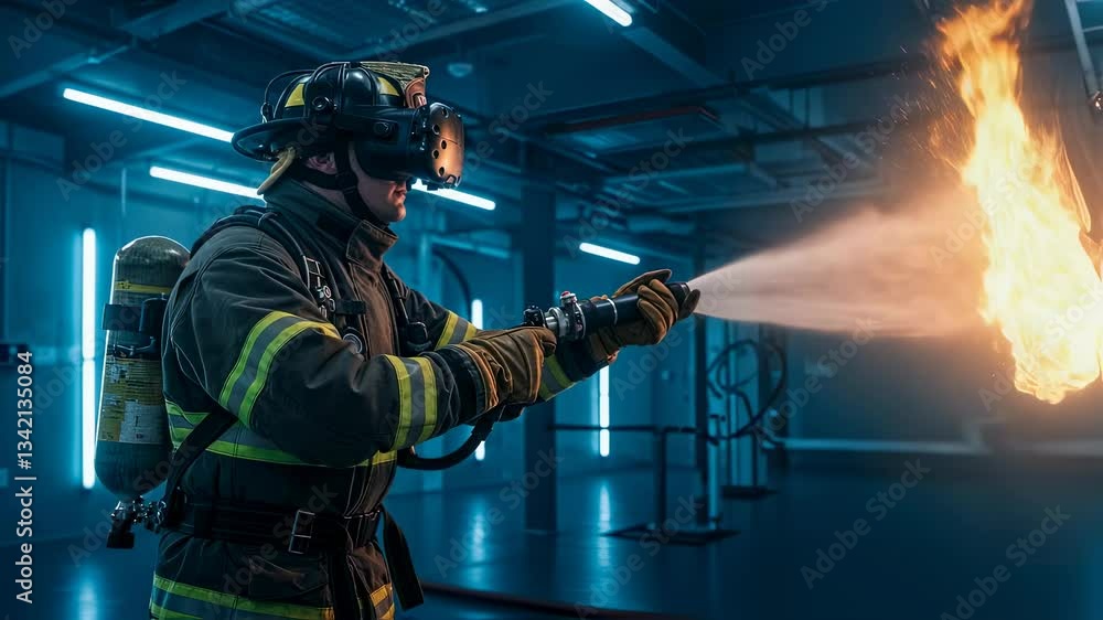 Poster firefighter in vr headset extinguishing fire with hose motion picture. man using virtual reality for