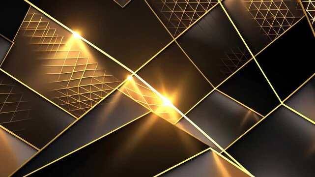 Dark, geometric design with golden accents and spotlights