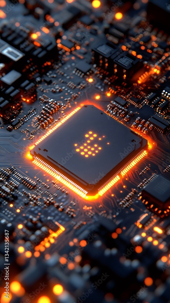 Poster quantum computing processor performing complex calculations on motherboard