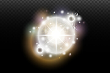 Light flash effect with flares and glow on a transparent background. Magical glow, shining light, star, optical flares for design, photomontage, New Year, and festive projects.