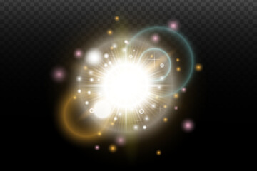 Light flash effect with flares and glow on a transparent background. Magical glow, shining light, star, optical flares for design, photomontage, New Year, and festive projects.