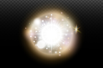 Light flash effect with flares and glow on a transparent background. Magical glow, shining light, star, optical flares for design, photomontage, New Year, and festive projects.