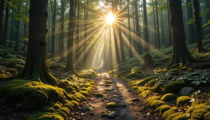 Obraz premium Sunlight Streaming Through Forest Path Creating a Magical Scenic View