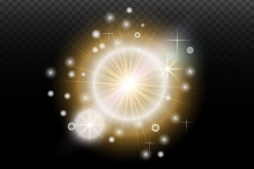 Light flash effect with flares and glow on a transparent background. Magical glow, shining light, star, optical flares for design, photomontage, New Year, and festive projects.