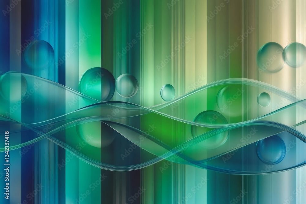 Poster abstract green and blue waves flowing with floating spheres