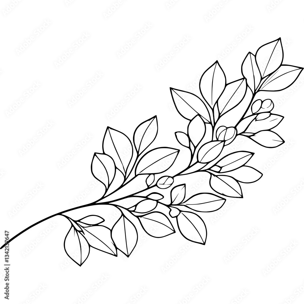 Poster Leaf Branch with Leaves and Buds in Black and White Line Art Style. Branch with leaves and buds is depicted in a simple and elegant design perfect for various creative projects