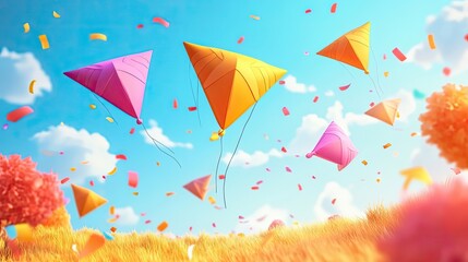 Animated background with vibrant kites and Firki for Makar Sankranti celebration