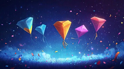 Animated background with vibrant kites and Firki for Makar Sankranti celebration