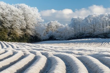 Frosty winter landscape, snow-covered field and trees