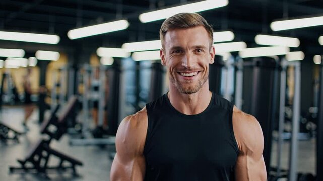 Smiling man personal fitness trainer invite to gym workout sportsman athlete welcome come here gesture invitation to join training posing crossed arms in gym sport club bodybuilder smiling health