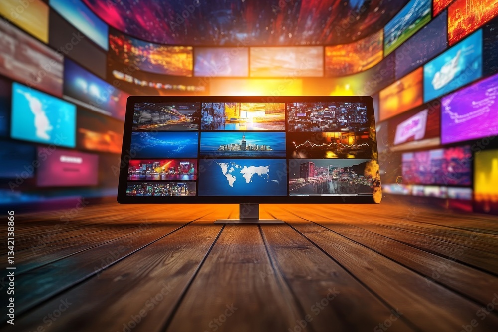Poster media display on wooden surface - a computer monitor displays multiple vibrant images, set against a
