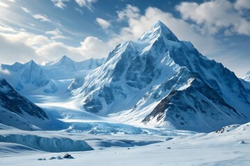 Obraz premium Majestic Snowy Mountain Landscape with Glacier Under Blue Sky