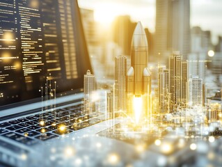 A digital rocket launch over a futuristic city with laptop display