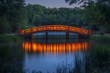 Illuminated wooden bridge reflecting on calm lake at twilight