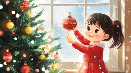 A cute girl decorating Christmas tree at home