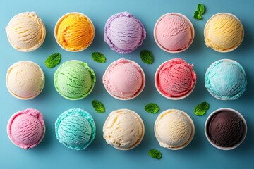 Fototapeta premium Colorful ice cream scoops with mint leaves on blue background