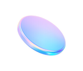 3d glass disk shape hologram effect. Render abstract neon gradient pink blue coin. Fly podium, disc, badge, coin, lens, plate crystal texture isolation. Y2k hologram shape. Vector trendy illustration