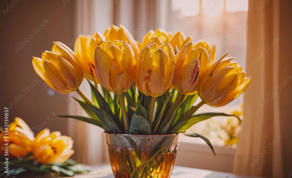 Poster Vase of yellow tulips sits on a table. The flowers are in full bloom and are arranged in a way that makes them look like they are reaching towards the sun. The vase is placed near a window