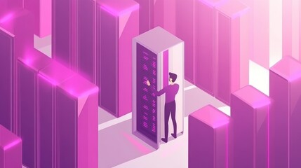 Technician Maintains Server in Futuristic City