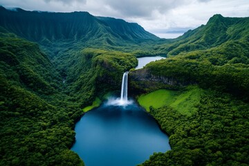 Majestic waterfall cascading into a pristine lake in a lush green valley