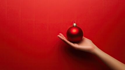 A Hand Holding a Red Ornament on a Red Background